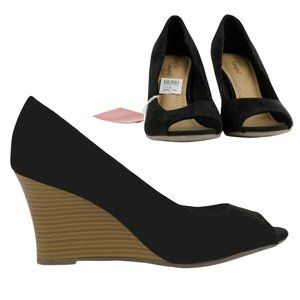 NEW Open Toe Wedge Low 3" Heels Faux Suede Black Dress Shoes Comfortable Sz 6